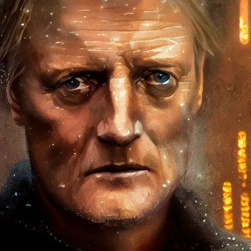 Prompt: cinematic portrait of rutger hauer in blade runner 2 0 4 9, perfect face, neon rain, moody, elegant, by alyssa monks, highly detailed, symmetrical face, fine details, masterpiece, trending on artstation