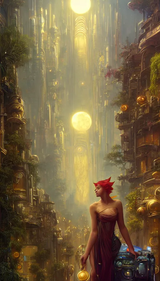 Image similar to golden goddess looking at a hyper realistic cyberpunk city, crowded market street overtaken by lush plants, kittens, full moon, light rays, gnarly trees by tom bagshaw, mucha, gaston bussiere, craig mullins, j. c. leyendecker 8 k
