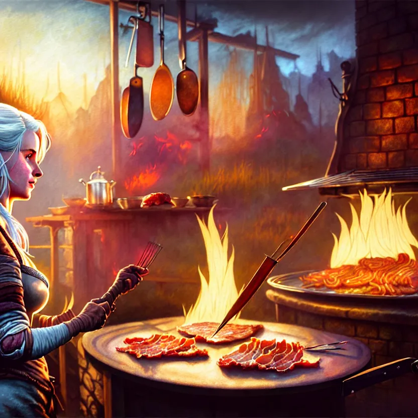 Prompt: a photorealistic coherent image of ciri from witcher cooking bacon on an outdoor stove, complex artistic color ink pen sketch illustration, full detail, gentle shadowing, fully immersive reflections and particle effects, concept art by jason felix, dan mumford, kinkade, lisa frank, artgerm, range murata, tokyo mural