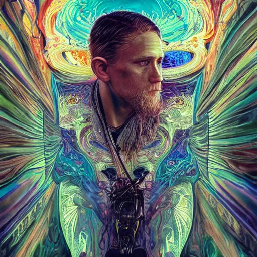 Image similar to portrait of charlie hunnam, hyper detailed masterpiece, neon floral pattern, jean giraud, digital art painting, darkwave goth aesthetic, psychedelic, artgerm, donato giancola and tom bagshaw