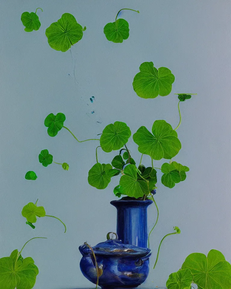 Image similar to fine painting of teal leafed nasturtiums and blue incense smoke.