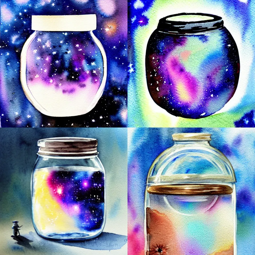 Prompt: a watercolor painting of a galaxy inside a jar, artstation