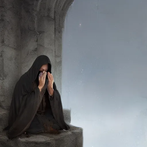 Prompt: a portrait of an hooded man praying, Matte painting , detailed painting, made by Greg Rutkowski, 4k, atmospheric