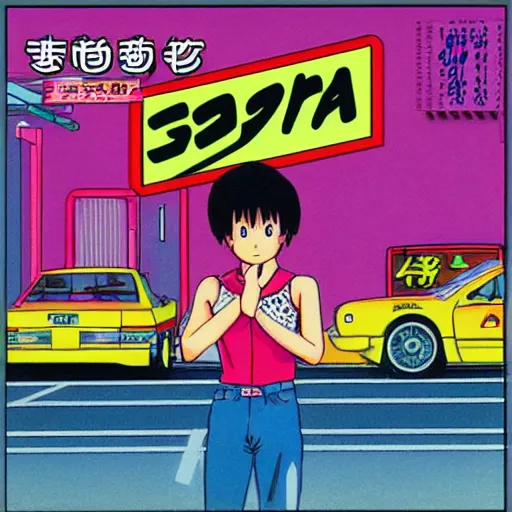 Image similar to album - cover of a 1 9 8 0 s japanese city - pop record featuring an anime illustration by akira toriyama. cute stylish woman ; sports car ; neon ; urban summer drive.