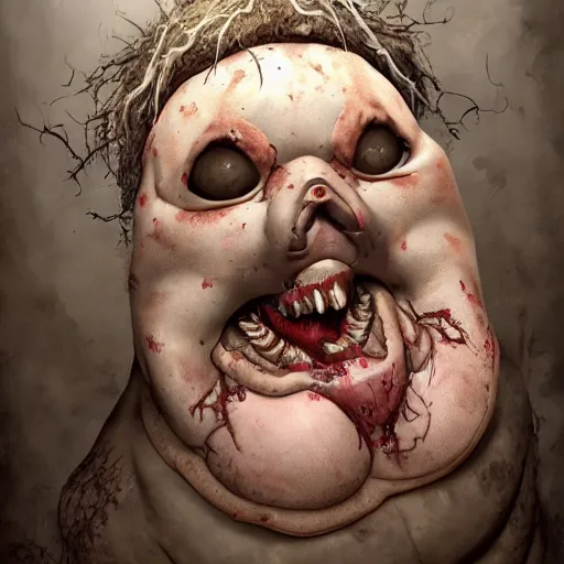 Prompt: an obese rotting humanoid corpse holding a meathook and grinning, high detail, trending on artstation