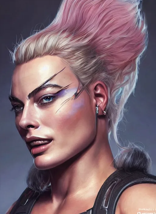 Image similar to detailed portrait of margot robbie as a thick female bodybuilder zarya from overwatch, attractive, beautiful, fantasy, intricate, elegant, highly detailed, digital painting, artstation, concept art, matte, sharp focus, illustration, art by aenaluck, artgerm and roberto ferri and greg rutkowski, epic fantasy, digital painting