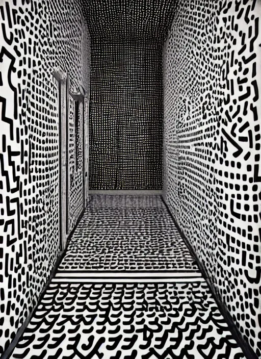 Image similar to photograph of a hallway decorated by Keith Haring, architecture magazine, dezeen, 50mm, pentax, film