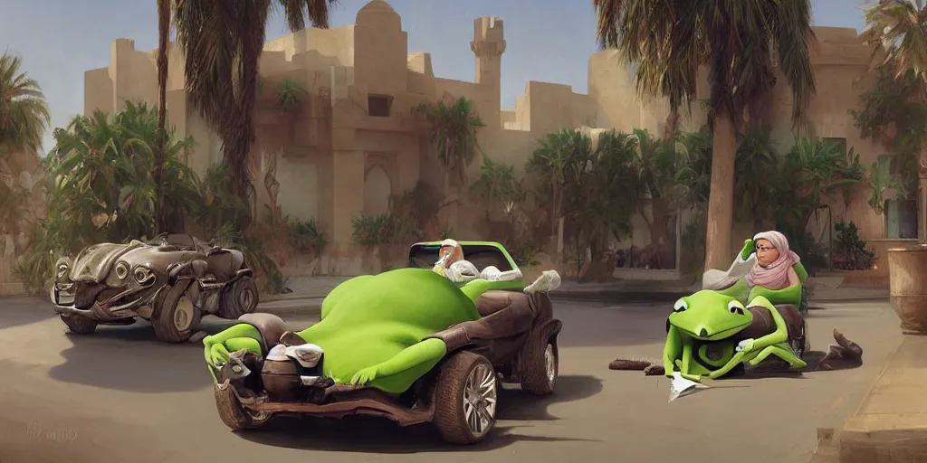 Image similar to kermit driving a car, wlop, moroccan city, mosque, palm trees, redneck country, style in digital painting, concept art, smooth illustration, by ruan jia and mandy jurgens and william - adolphe bouguereau, artgerm