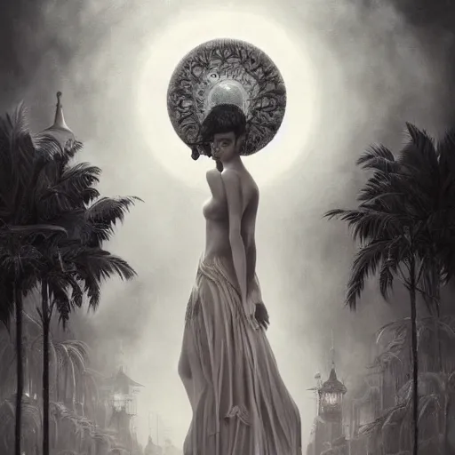 Image similar to By Tom Bagshaw, ultra realist soft painting of curiosity carnival by night, Choco in long dress looking into social networks for love, symmetry accurate features, very intricate details, ominous sky, black and white, volumetric light clouds
