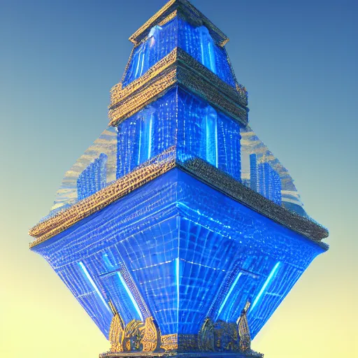 Image similar to Render of a beautiful tower made of gigantic pieces of radiant blue crystal, golden hour, serene, hyperdetailed, trending on Artstation, Unreal Engine 4k