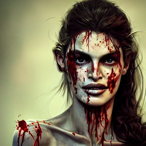 Image similar to portrait of young cindy crawford as a zombie with blood on face, 7 days to die zombie, strong golden rimlight, fine art, award winning, intricate, elegant, sharp focus, cinematic lighting, highly detailed, digital painting, 8 k concept art, art by guweiz and z. w. gu, masterpiece, trending on artstation, 8 k