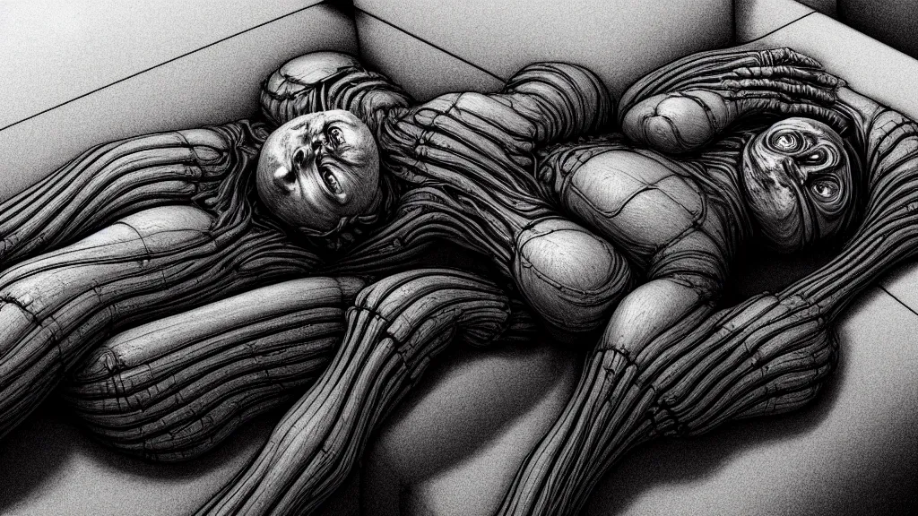 Image similar to comfortable bed that makes me want to sleep, hyperdetailed, artstation, cgsociety, style of Giger, H. R. GIGER, style of Junji Ito, 4K, highly detailed, minimalistic, minimalistic, minimalistic, fine tuned, machina