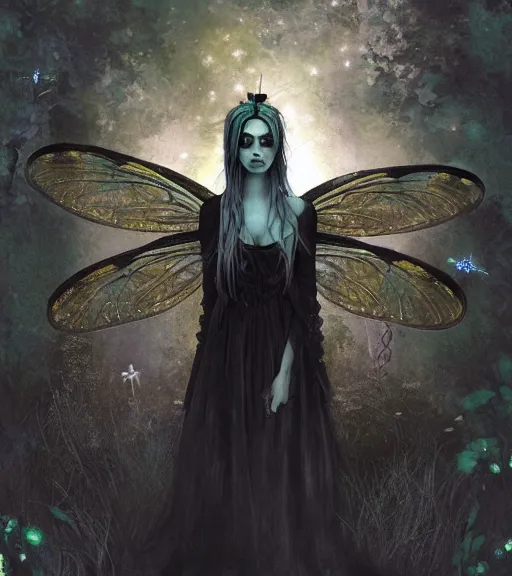 Image similar to gothic fairy with dragonfly wings, digital painting, liminal eerie midnight backlit, a picture taken by Michael Komarck and Daniel Ljunggren