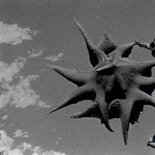 Image similar to a couple escaping from a giant Kaiju Starfish Monster over a traditional Korean village, minimal cinematography by Akira Kurosawa, movie filmstill, film noir, thriller by Fritz Lang and Shin Sang-ok