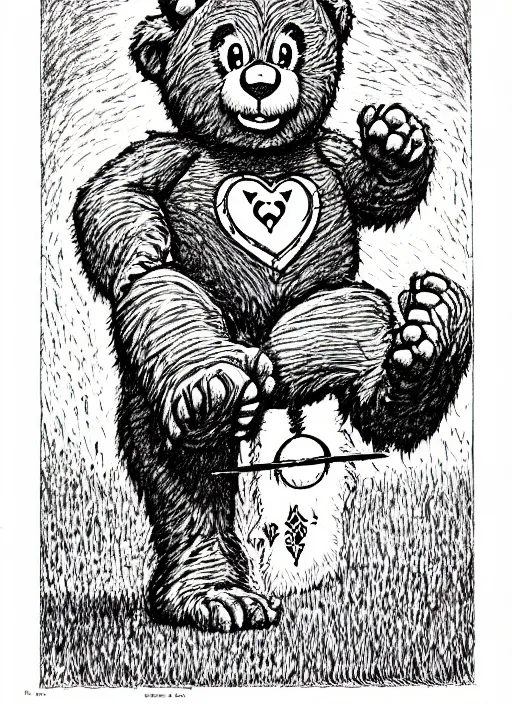 Image similar to a care bear as a d & d monster, on square background, pen - and - ink illustration, etching, by russ nicholson, david a trampier, larry elmore, 1 9 8 1, hq scan, intricate details, high contrast