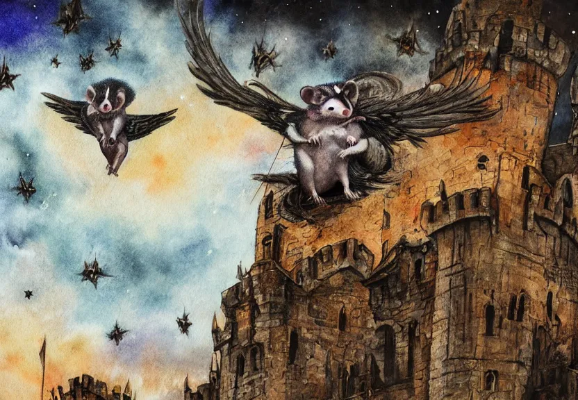 Image similar to Threatening winged possum flying over a medieval castle under a dark starred sky, dark fantasy, watercolor, dreaming illusion, highly detailed, 4k, trending on Artstation, award-winning