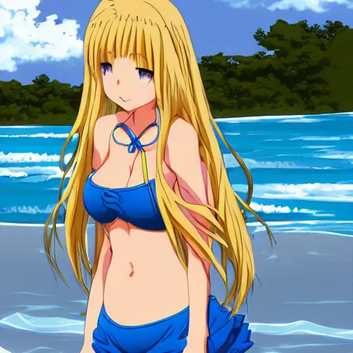 Prompt: anime visual of very cute girl with long blonde hair, at the beach in a blue bikini, highly detailed