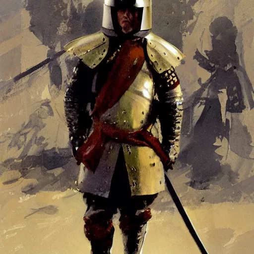 Image similar to man wearing gambeson and sallet helmet and raised sword, detailed by greg manchess, craig mullins, bernie fuchs, walter everett