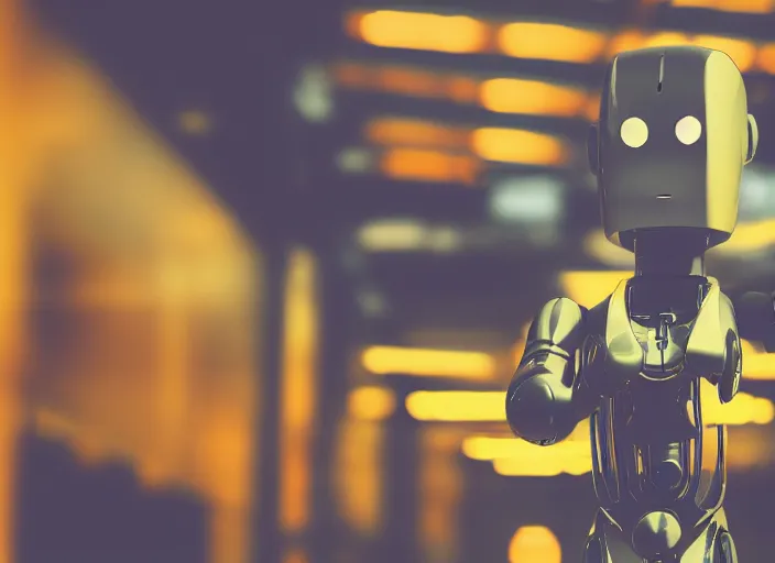 Image similar to a 3 5 mm photo of a robot in a factory, bokeh, canon 5 0 mm, cinematic lighting, film, photography, golden hour, depth of field, award - winning