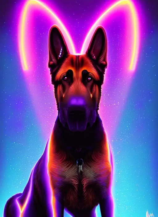 Prompt: symmetry!! product render poster vivid colors divine proportion german shepard hound mix, scifi, glowing fog intricate, elegant, highly detailed, digital painting, artstation, concept art, smooth, sharp focus, illustration, art by artgerm