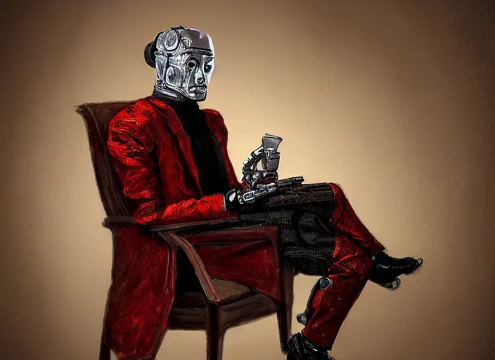 Image similar to robot in a smoking jacket sitting in an armchair as a human peasant begs, highly detailed, digital art, artstation, mansion background, wide angle, painting, human peasant