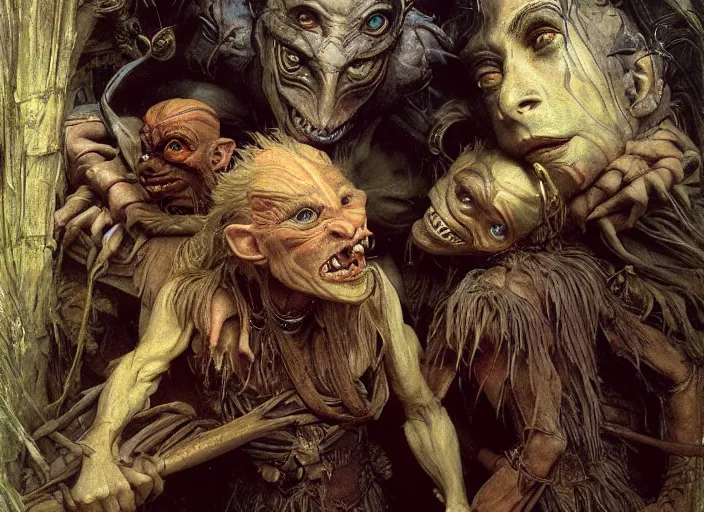 Image similar to goblins from the movie labyrinth by edgar maxence and caravaggio and michael whelan and delacroix style, artistic, intricate painting, cinematic lighting, hyper realistic, extremely detailed, establishing shot, 8 k resolution, dramatic lighting