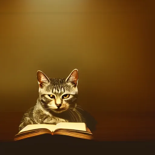 Image similar to a cat reading a book, award winning photo, symmetrical, sharp edges, box of light, blurred background