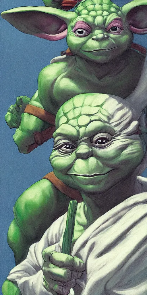 Image similar to teenage mutant ninja yoda, alex ross, micheal netzer, art, illustration, artstation trending, heroic,