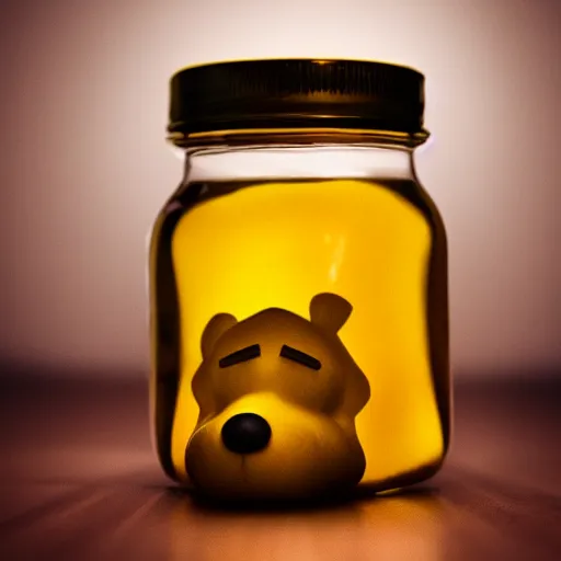 Image similar to a jar of honey made out of winnie the pooh's head, claymation, deep lighting