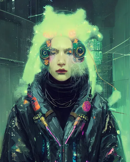 Image similar to detailed portrait witch, cyberpunk futuristic neon, reflective puffy coat, decorated with traditional Japanese ornaments by Ismail inceoglu dragan bibin hans thoma greg rutkowski Alexandros Pyromallis Nekro Rene Maritte Illustrated, Perfect face, fine details, realistic shaded, fine-face, pretty face