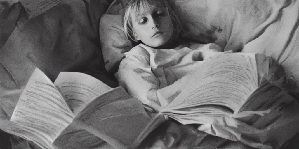 Prompt: a blonde child in bed reading a large monograph about max ernst, 1 9 8 3, cindy sherman