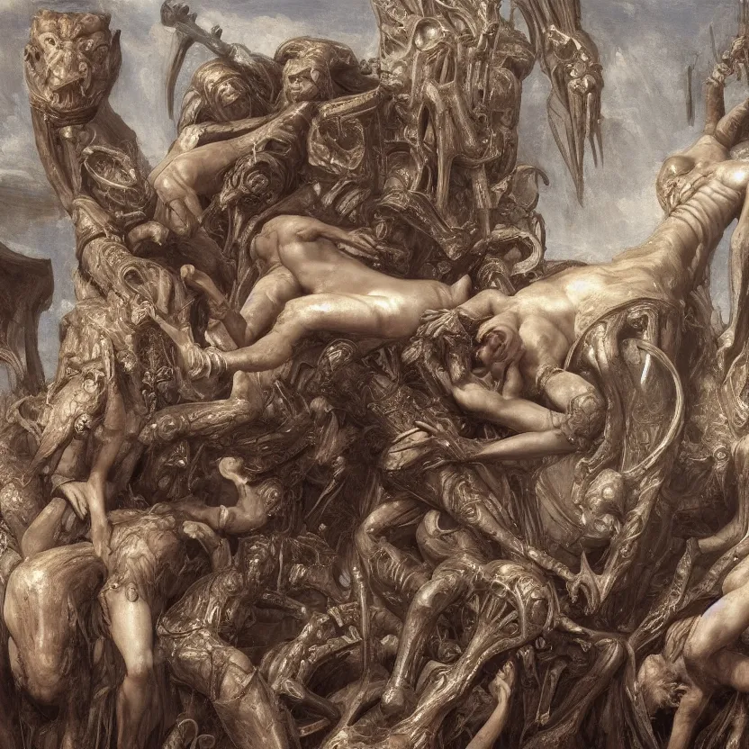 Image similar to still frame from Prometheus movie, Slaanesh succubus godess ssurounded by ornate pylons by wayne barlowe by caravaggio by giger by malczewski, avantgarde 4k wallpaper