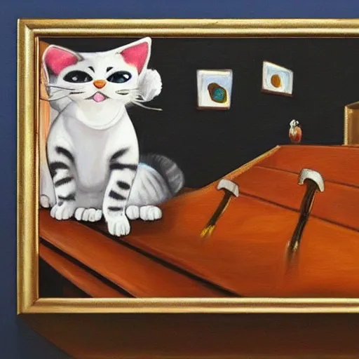 Prompt: highly realistic painting of a proud cat singing opera on a stage