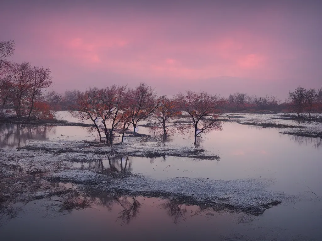 Image similar to rosy clouds fly with lone mallards side by side, autumn waters blend into the hues of th'vast sky, cinematic landscape ， on a snowy day, natural light, by xu beihong