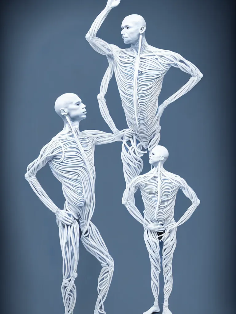 Image similar to a fine art photograph formal self sculpture by the artist kelbv, in realistic style with tubes neatly navigating the contours of his body, and disjoint body pumped full with blue and white ellipsoids, perfect studio lighting.