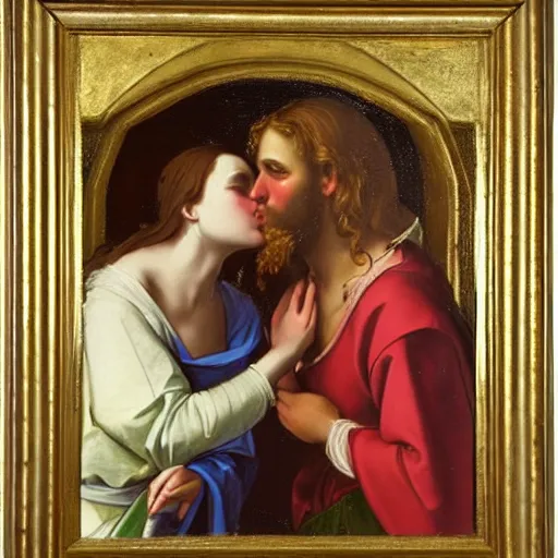 Image similar to 1 8 th oil panting of a jesus kissing with maria maddalena