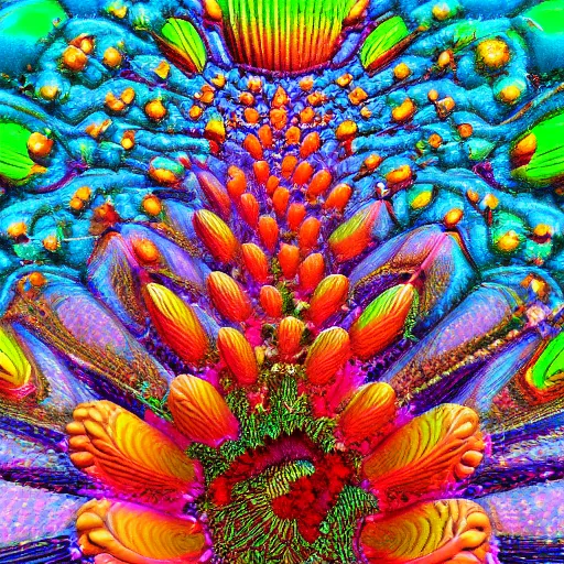 Image similar to The Mandelbulb has grown flowers all over its surface. Full frame view. Colorful. Soft lighting. High Detail