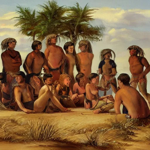 Prompt: A painting of a group of white skinned tribespeople.