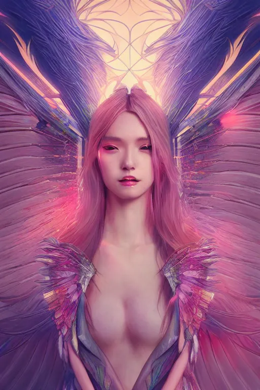 Prompt: portrait futuristic goddess angel Girl with wings and feathers, in future cyberpunk tokyo rooftop , ssci-fi, fantasy, intricate, very very beautiful, elegant, human anatomy, human structure, neon light, highly detailed, digital painting, artstation, concept art, smooth, sharp focus, illustration, art by tian zi and WLOP and alphonse mucha