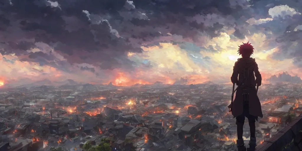 Image similar to anime character in front of an apocalyptic city and the clouds are burning, hyperrealistic, trending on pixiv fanbox, painted by greg rutkowski makoto shinkai takashi takeuchi studio ghibli, akihiko yoshida