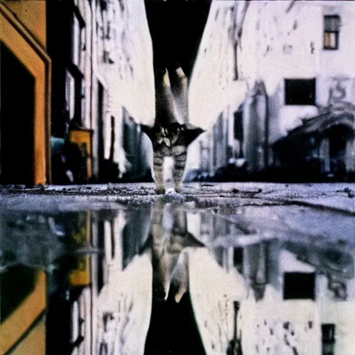 Image similar to wide-shot very low-angle eyesight reflection of a cat in the puddle at the street in Moscow, polaroid photo, by Andy Warhol, signed