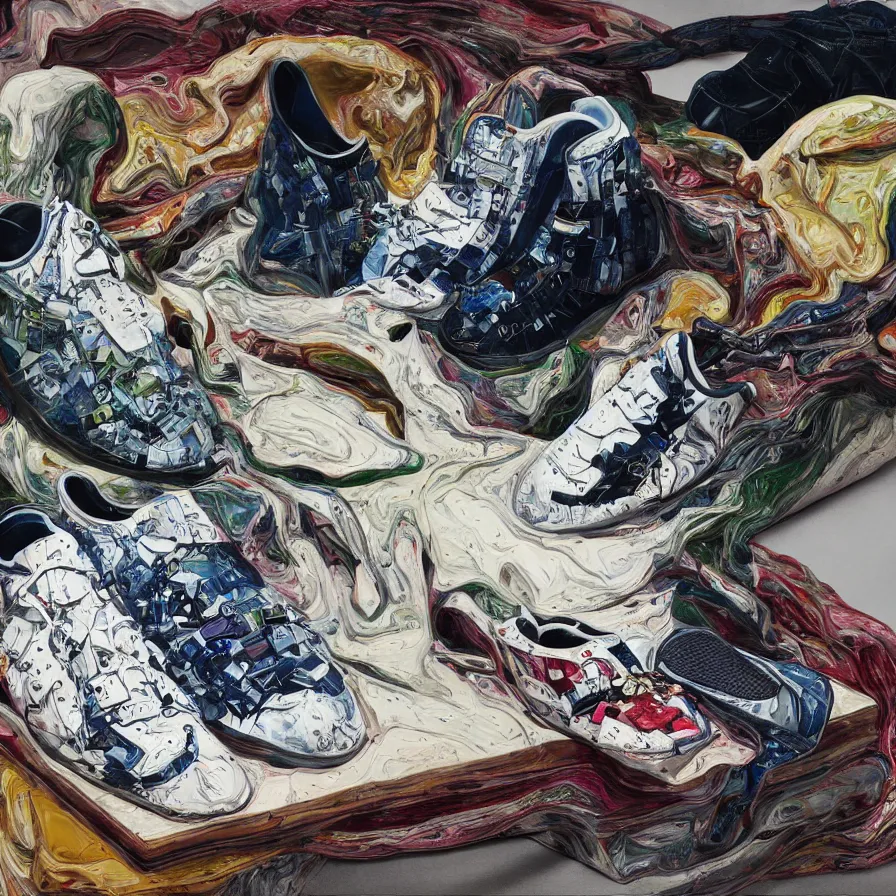 Image similar to futuristic balenciaga sneakers, nft art, highly detailed, hyper realistic, art by todd mcfarlane, by ( ( ( lucian freud ) ) ) and gregory crewdson and francis bacon
