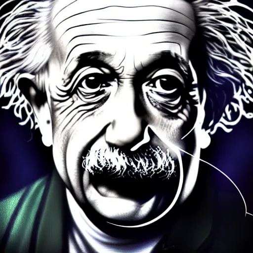 Image similar to portrait painting of albert einstein as a cyberpunk technician with a halo and devil horns, ultra realistic, concept art, intricate details, eerie, highly detailed, photorealistic, octane render, 8 k, unreal engine. art by artgerm and greg rutkowski and magali villeneuve and alphonse mucha