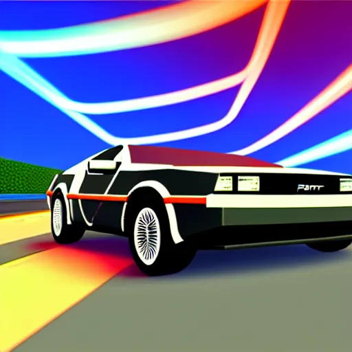 Image similar to back to the future delorean, mario kart 6 4 screenshot, low poly, aliased