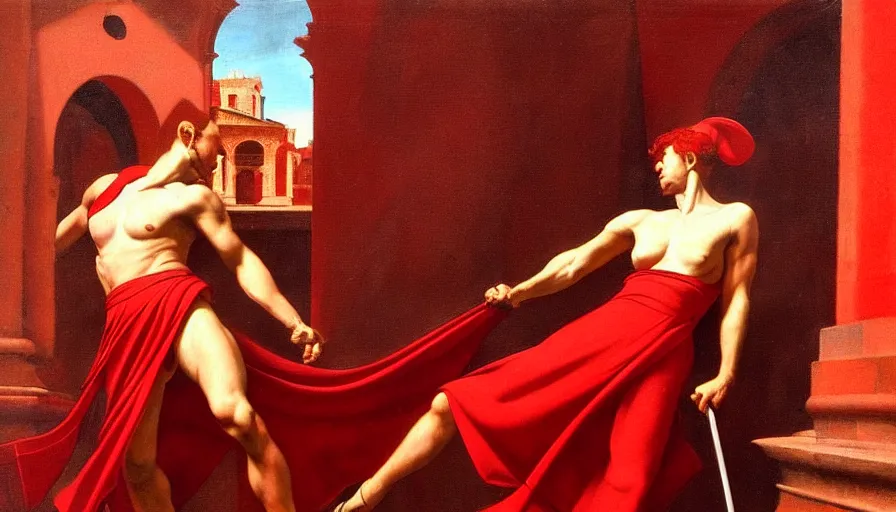 Image similar to only with red, a red gladiator in a crowded roman amphitheatre, crowd cheers him, in the style of rolf armstrong and ambrosius benson and edward hopper, intricate and epic composition, red by caravaggio, highly detailed, masterpiece, red light, artstation