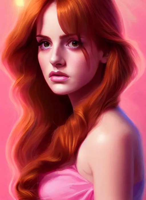 Image similar to full body portrait of teenage cheryl blossom, bangs, green eyes, sultry expression, red hair, sultry smirk, bangs and wavy hair, pink skirt, intricate, elegant, glowing lights, highly detailed, digital painting, artstation, concept art, smooth, sharp focus, illustration, art by wlop, mars ravelo and greg rutkowski