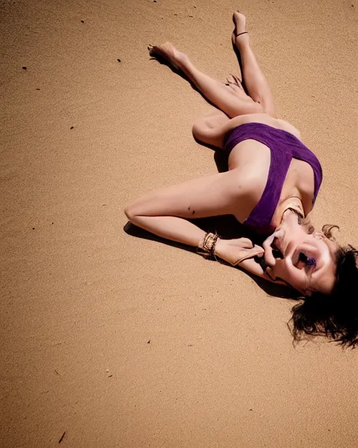 Prompt: olivia laying in the desert sand, wearing a purple blazer, black hair, freckles, pale skin, photo by greg rutkowski, harsh shadows, bright lighting, female beauty, intricate detail, elegance, sharp shapes, masterpiece