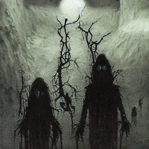 Prompt: goblin recon squad beksinski, eldritch, apocalypse, creepy creature, horror spooky