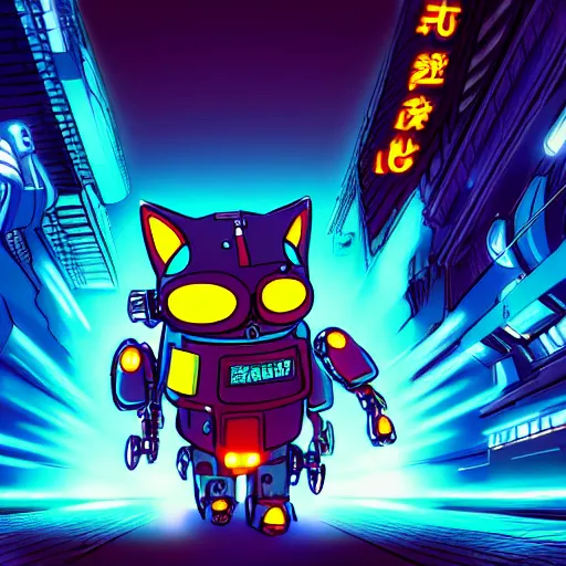 Prompt: epic cyber mecha cat on a rampage in neo tokyo, chibi, by moebius and matt groening, cinematic, vibrant colors, 8 k, artstation