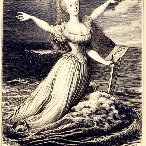 Image similar to A beautiful 19th century wood-engraving of Marie Antoinette levitating over the sea, by Édouard Riou Jules Férat and Henri de Montaut, highly detailed, fine Art, high detail, masterpiece, illustration, clear eyes, trending on artstation